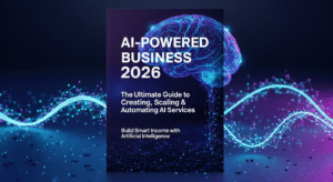 Professional 3D eBook cover of AI Power Business 2026 showing a futuristic AI digital network with glowing data lines, highlighting online income, AI automation, and passive income strategies for 2026.